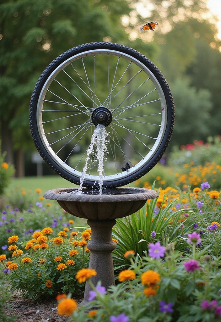 14 Sustainable Water Storage Ideas That Will Save You Money and the Planet - 12. Bicycle Wheel Water Feature: Fun and Functional
